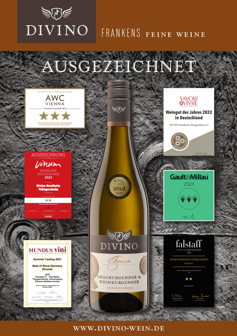 Divino-Weinflasche mit zahlreichen Auszeichnungen und Medaillen auf schwarzem Hintergrund, Werbemotiv im Hochformat.