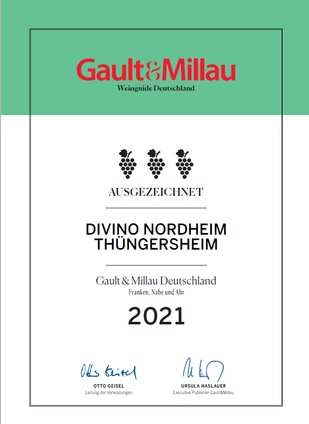 Gault-Millau-Auszeichnung für Divino Nordheim Thüngersheim als ausgezeichnetes Weingut 2021.