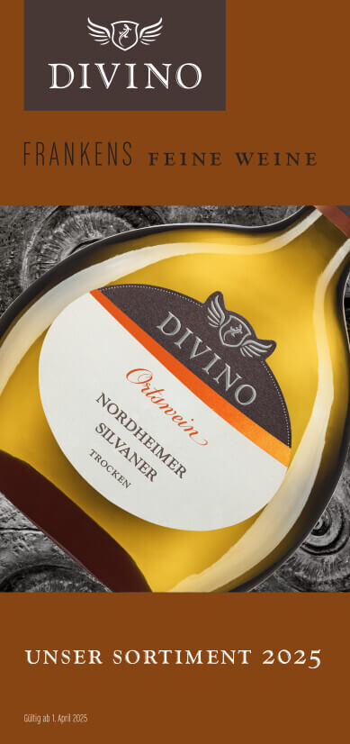 Titelbild der Divino-Preisliste 2025 mit goldener Weinflasche und Text Unser Sortiment 2025.