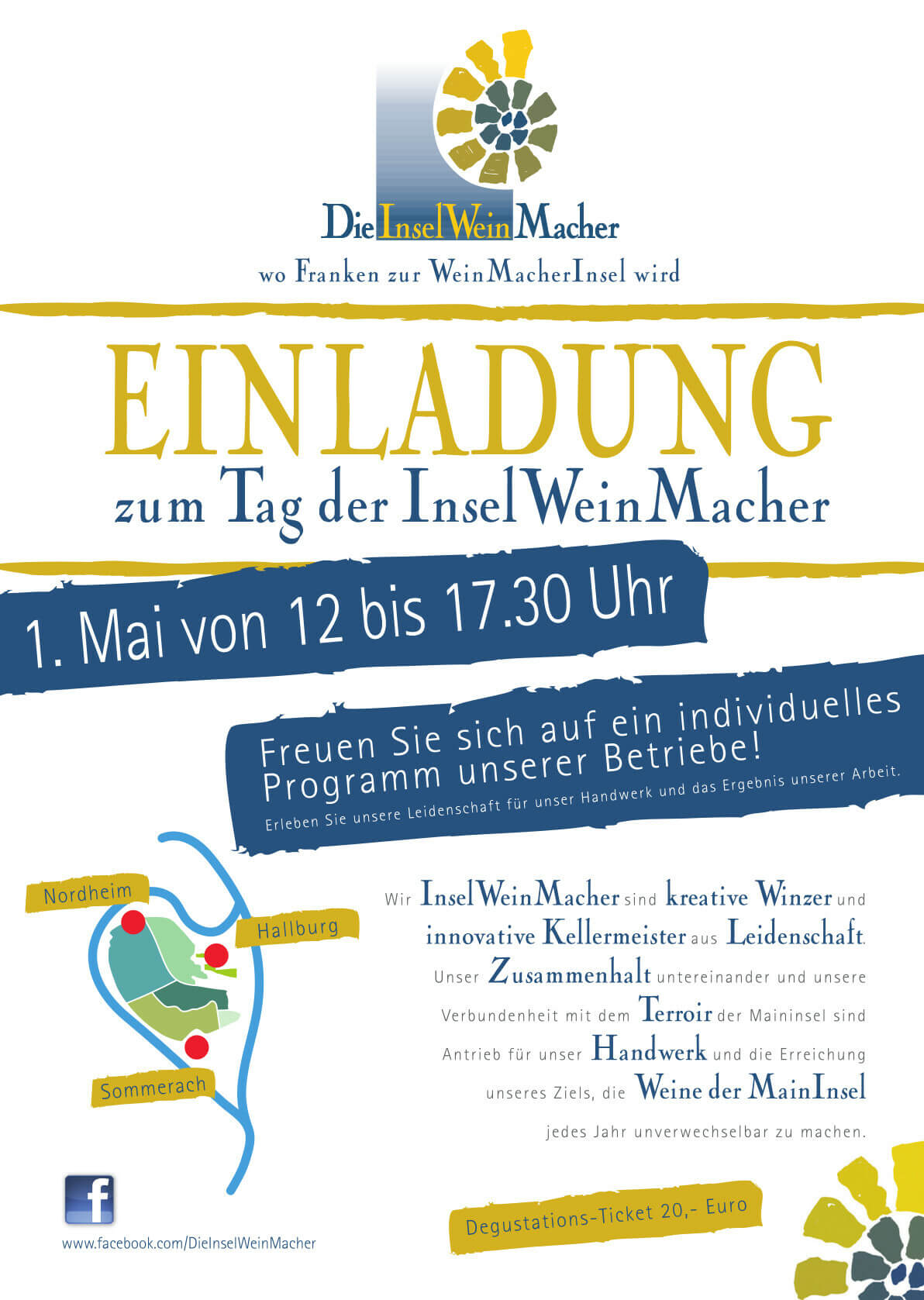 Plakat zur Einladung am 1. Mai 2023 zum Tag der InselWeinMacher mit Uhrzeit und Standortkarte.