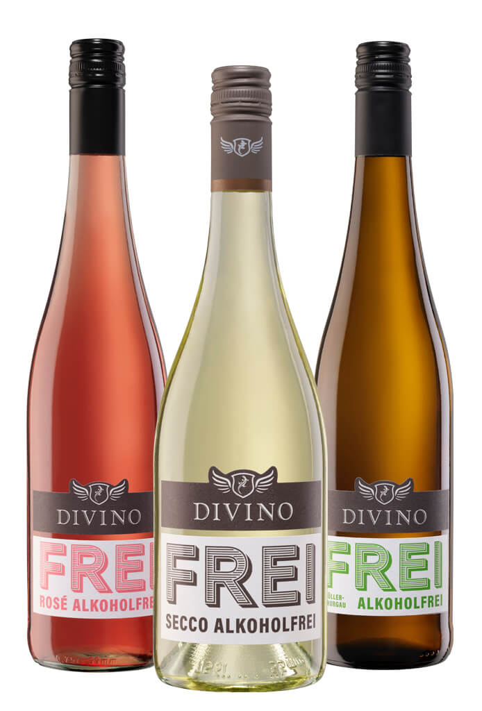 Freigestelltes Produktbild mit drei DIVINO Frei alkoholfrei Flaschen: Rosé, Secco und Weißwein.