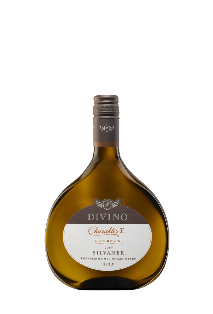 Bocksbeutel Charakter F. von DIVINO, Silvaner alte Reben Jahrgang 2017, klassisches Design.
