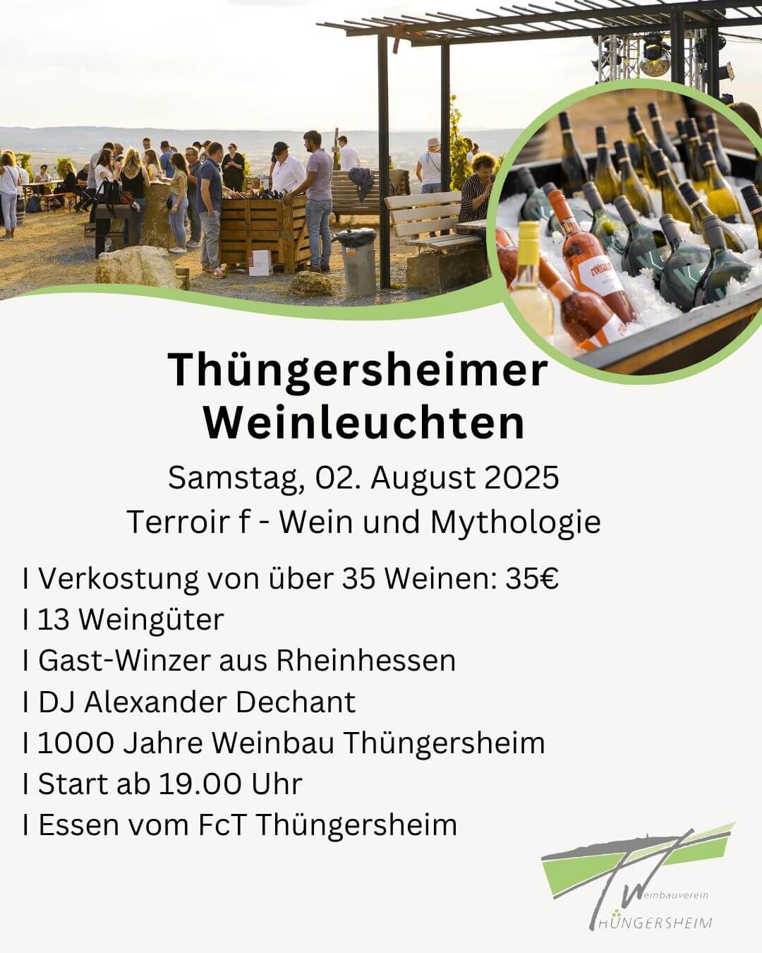 Veranstaltungsplakat für das Thüngersheimer Weinleuchten im August 2025 mit Infos zum Programm.